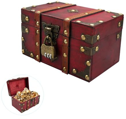 MytaYt Scatola in Legno Vintage Forziere Pirati Forziere del Tesoro dei Bambini Scatola con Lucchetto da Combinazione Piccolo Baule Legno con Coperchio, Rosso Intenso - 18x11x10cm