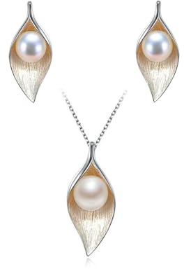 Conjuntos Collar y Pendientes Hoja De Plata De Ley S925 Perlas Cultivadas De Agua Dulce Mujer Infantil Regalo madre (Conjuntos)