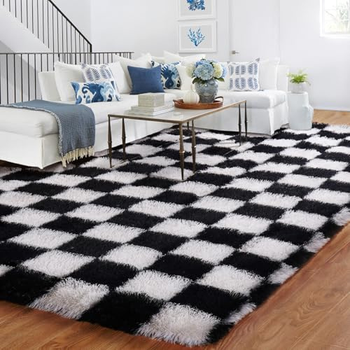 Teppich Kariert Wohnzimmer 150x210cm, Waschbarer Teppiche Schlafzimmer Schwarz Weiß, Flauschig Hochflor Antirutsch Checkered Rug, Modern Schachbrett Groß Carpet für Living Room Kinderzimmer
