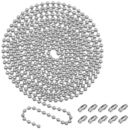 JZK 3m / 9.8ft 4.5mm chrome ball bead chain with 10 connectors, silver metal roller blind chain cord replacement, beaded pull chain for roller blinds