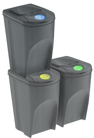 B2C Sorting Bins Recycling Segregation Waste Stackable Set Lidded with Stickers Dustbins 25L 20L 35L Grey (3x35L)