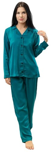 ESLI Satin unisex kvinnor män pyjamasset långärmad pyjamas button-down nattkläder mjukt sidenpyjamas, Blågrön safir, M-L