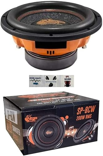 KIT SET FÖR SP AUDIO SP-8CW SP8CW 20 1 subwoofer 20 cm 200 mm 8 diameter, dubbel talspole, dvc 2+2 ohm, 200 watt rms 400 watt max, motorhuv, bagageutrymme, bil, 1 st + 3 gratis klistermärken
