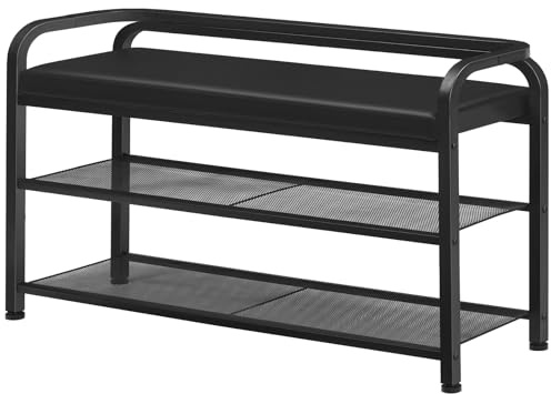YATINEY Shoe Bench with Backrest, Entryway Bench, 2-Tier Shoe Rack with PU Padded Seat, Upholstered Shoe Storage Bench with Back, for Hallway, Entryway, Foyer, Bedroom, Black HX14BB