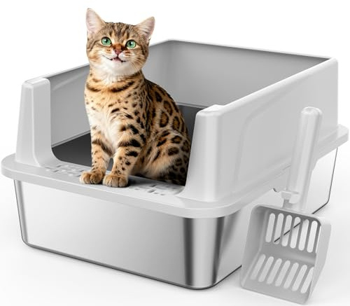 MIXJOY Lettiera per gatti in acciaio inox, 18 l, piccola per gattini, design aperto, bordo alto, a prova di perdite, salvaspazio, con paletta, 44 x 34 x 21 cm