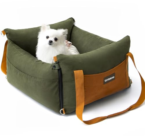 Hundesitz Auto für Kleine Hunde Unter 15KG, Tragbares Hundekorb mit Ausziehbarer Ruhebereich, Abnehmbarer und Waschbarer Auto Reise Hundebett mit Staufächern und Sicherheitsgurt