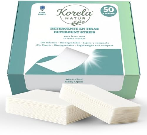 Korela Natur Detergente en Tiras Ecológico - 50 Tiras para hasta 100 Lavados - Biodegradable 100% soluble - Limpieza responsable .Ideal para Pieles Sensibles y Viajes - Aroma Lino