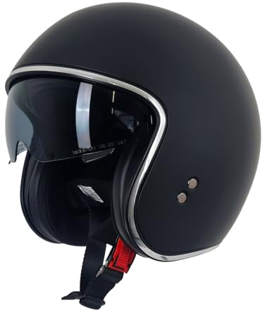 Stealth Motorcycle Open Face Helmet Matt Black – Classic Scooter & Motorbike Helmet with Drop Down Sun Visor – ABS Shell, Micrometric Fastening – ECE 22.06 Approved (L)