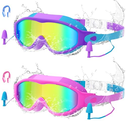 Lavlola Lot de 2 paires de lunettes de natation pour enfants de 6 à 14 ans avec pince-nez et bouchons d'oreilles anti-buée, sans fuite, large vision claire