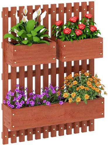Outsunny Fioriera Verticale a Doghe con 3 Vasi Rimovibili e Fori di Drenaggio, Orto Rialzato da Esterno in Legno di Abete, Montaggio a Parete, per Piante, Fiori e Verdure, 60x16x80 cm, Marrone