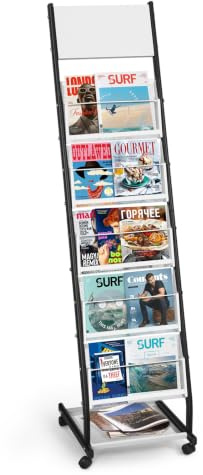 SUNDOY Revistero sobre ruedas de 5 niveles, exhibición de revistas y catálogos de pie, soporte móvil para oficina, ferias, hogar y hogar (5 capas, 32,5 cm de ancho)