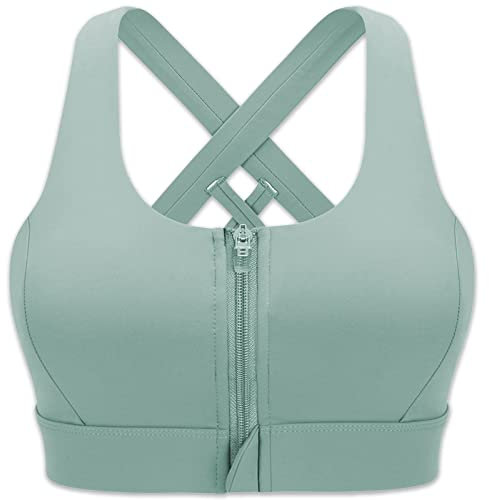 CLOUSPO Women Sports Running Post Surgery Yoga Zip Front Bra High Support Impact Crop Top Padded Cross Back (M, Green)