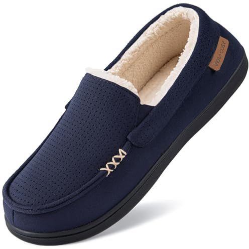 VeraCosy Men's Suede Moccasin Slippers Memory Foam Navy 11 UK