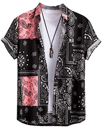 Hombres Vintage Button Down Camisas de Manga Corta Casual Solapa Blusa Africana Estilo Étnico Patrón Top Verano Fiesta Fiesta Playa Camisa