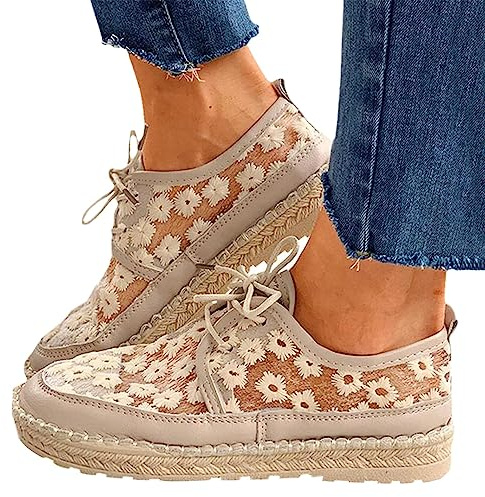 tinbarry Baskets en toile pour femme - Coupe basse - Chaussures plates brodées - En tissu respirant - Élégantes - Chaussures basses à lacets - Chaussures de course - Chaussures de marche en plein air