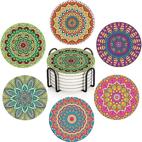 Bribay Coasters for Drinks, Set of 6, Ceramic Stone Mandala Bohemian