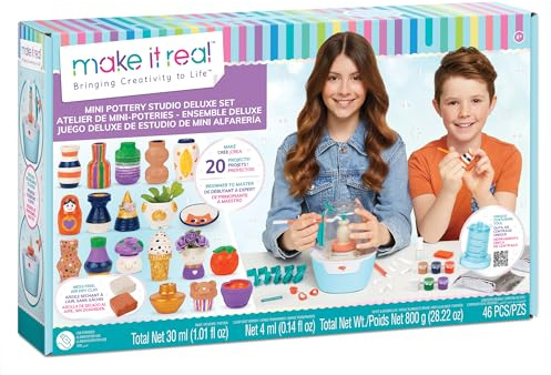 Make It Real Mini Pottery Studio Deluxe Pottery Kit - Ceramic Wheel, Mess Free Air Dry Clay for Kids, Crafts for 8 Year Old Girls +, 20 Projects, Creative Art Set, Clay Making Kits for Tweens, 46 Pcs