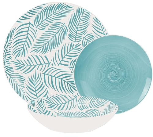 DRW Service de table 18 pièces en porcelaine avec feuilles bleues 27 x 27 x 4 cm