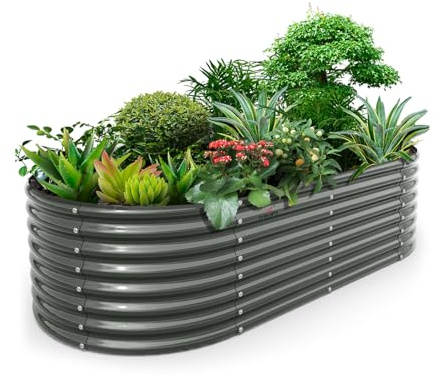 A ANLEOLIFE 8x4x2ft Galvanized Raised Garden Bed Kit, Oval Metal Deep Root Planters for Outdoor Plants Vegetables Flowers Herb, Large Bottomless, 478 Gallon Capacity- Quartz Grey