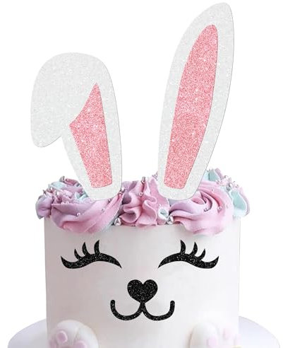 1 décoration de gâteau avec oreilles de lapin, paillettes, cils, nez, patte, décoration de gâteau Happy Easter pour Pâques, thème lapin, fête prénatale, fête d'anniversaire, rose et blanc