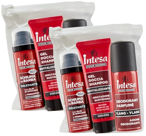 Busta Set Da Viaggio: Schiuma Da Barba Idratante, Con Olio Di Avocado e Prebiotico 50ml, Gel Doccia Shampoo Rivitalizzante Ginseng 50ml, Deodorante Ylang-Ylang 50ml (2 Buste)