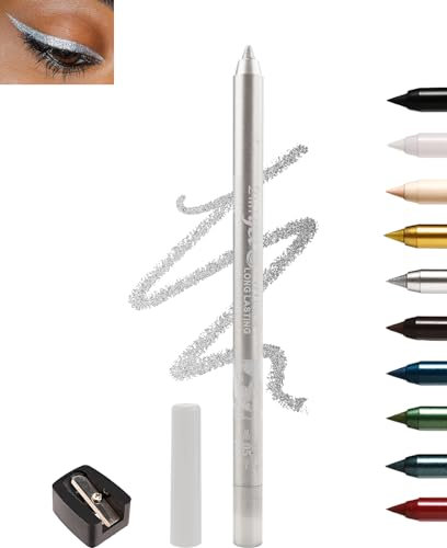 Silber Glitzer Gel Eyeliner, Metallischer Kajalstift Wasserfest, Langanhaltend, Wischfeste Eyelinerstift mit Anspitzer, Hochpigmentierte Lidschattenstift, Dichte Cremige Textur, Leicht Aufzutragen-05