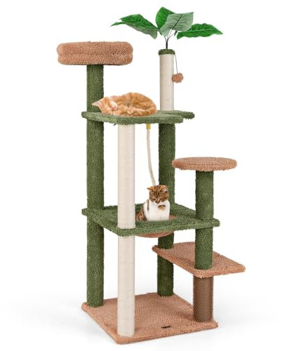 COSTWAY Cat Tree, 152cm Tall Cats Climbing Tower with Sisal Scratching Posts & Rope, Hanging Toy, Groom Brush, Faux Plant Decoration, Multi-level Kitty Activity Center for Indoor Cats