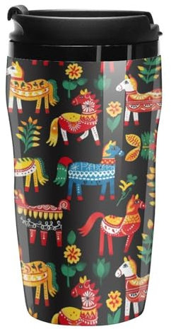 Tazza da caffè svedese con motivo folk con cavallo dala con coperchio, tazza da viaggio, tazze da tè e caffè, per donne e uomini, 250 ml