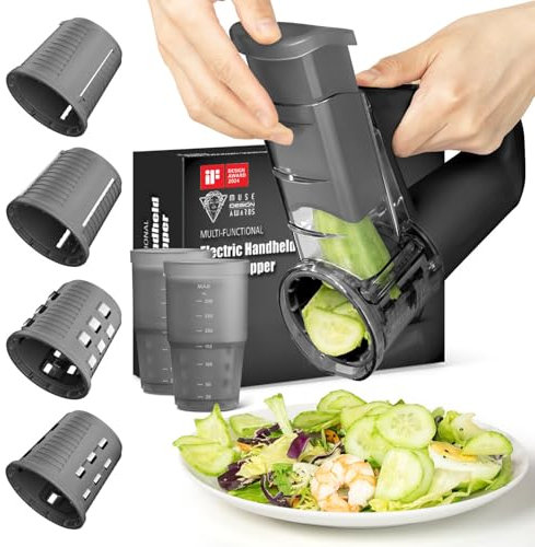 Affettatrice elettrica per verdure – Cutter salad senza fili, 4 lame intercambiabili (affettatura, grattugiatura, raschiatura del cibo), grattugia rotativa a una mano, ricaricabile Tipo-C, Nero