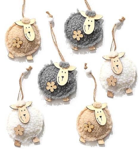 YIEUR 6 ciondoli pasquali in legno e feltro, 8 cm, con cordino, decorazione pasquale in legno, bianco, grigio, beige, per esterni, decorazione da tavolo in giardino (mix)