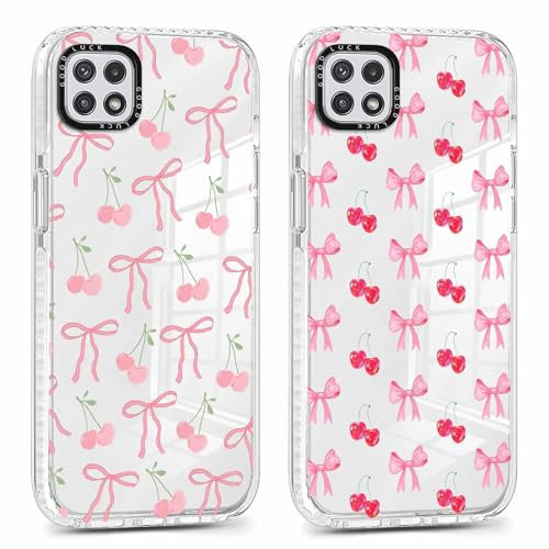 Phoona 2 packs Phone Case for Samsung Galaxy A22（5G） 6.6'', Cute Clear Transparent Cover with Bow Cherries Pattern Aesthetics Design, Soft Shockproof Protective Slim Funda for Women Girls