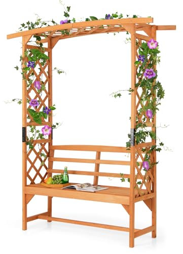 GOPLUS Arco Jardín con Banco, Pérgola de Madera de Abeto, Carga hasta 300 kg, Soporte Plantas Trepadoras para Jardín Patio, Arco para Rosas, Natural (L: 160 x 50 x 199 cm)
