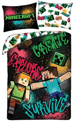 Ropa de cama infantil reversible con certificado Öko-Tex de 140 x 200 cm y funda de almohada de 70 x 90 cm Minecraft con Alex y Steve