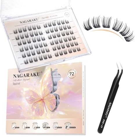 NAGARAKU Pestañas Autoadhesivas con Pinzas Kit, 72 Fans Una Sola Pieza Finas Láminas Adhesivas Sin Pegamento Ni Removedor Reutilizables Aspecto Natural Para Todas Las Formas De Ojos (C Curl Squirrel)