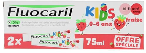 FLUOCARIL - Dentifrice Kids 0-6 ans Anti-Caries Bi-fluoré 100mg - Arôme/Fraise - Aide à prévenir les caries et renforce l'émail des premières dents de lait - lot de 2x75ml