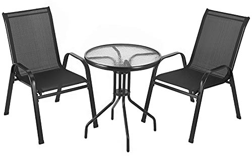 Clevich 3PCS Balkonmöbel Set, 2PCS Stapelbare Hochlehner Gartenstühle aus Textilene & Tisch Rund mit Sicherheitsglas, Wetterfest Gartenmöbel Set, Bistroset Kleiner für Balkon Terrasse Pool Schwarz