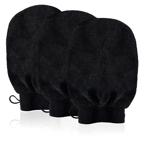 URAQT Guante Exfoliante Corporal, 3pcs Manoplas Exfoliantes con 150D, Guante Crin Ducha Unisex, Exfoliante Ducha en Belleza para Limpiar Euerpo, color negro
