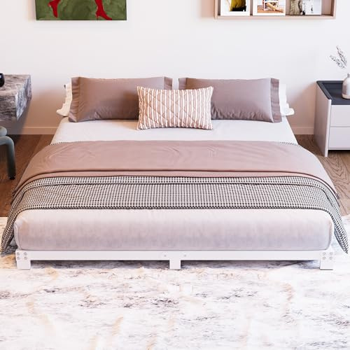 VERFARM 8cm Low 4ft6 Double Bed frame, Metal Bed 135x190 cm, Double Size Heavy Duty Metal Platform Bed Frame with Steel Slat Support, No Box Spring Needed,Easy Assembly, Noise Free, White