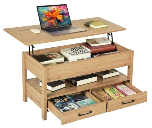 Songvas Couchtisch, Höhenverstellbarer Wohnzimmertisch, offener und versteckter Stauraum, 2 Schubladen, Sofatisch, Beistelltisch, 100 x 50 x (49-63) cm, Eiche