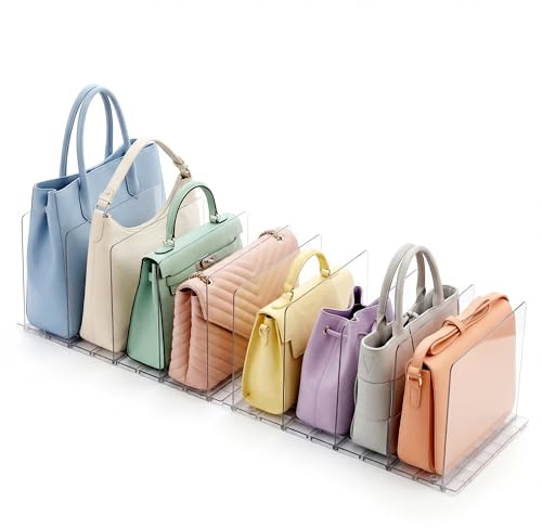 Qettkoom Set di 10 Organizer Armadio, Organizzatore Trasparente in Acrilico per Pochette, Porta Borse da Armadio Regolabili con Base Scanalata per Camera da Letto, Cucina, Ufficio, Bagno