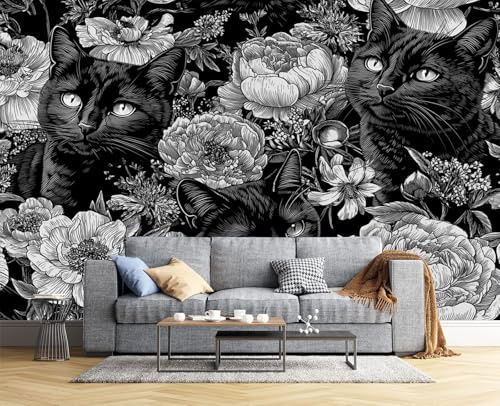Papel Pintado Gato Negro 450 x 315cm Fotomurales Tejido Seda, Barroco Flor Papel Tapiz Murales Fotográfico Decoración de Paredes Para Salón o Dormitorio