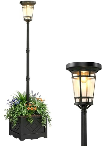 Outsunny Farol solar de pie con maceta, 195 cm, farolillo exterior de jardín con 2 niveles de brillo, interruptor de sensor de luz, IP44, lámparas solares, farolillos solares para jardín, balcón