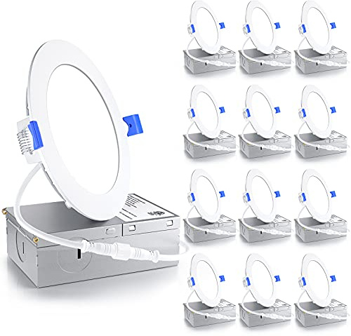 Ensenior 12 Pack 4 Inch LED Recessed Light, Dimmable, 5000K Daylight, 750LM High Brightness, 9W 120V, 2 Pin, ERL-9X-ETL, Damp Rated, Ultra-Thin Canless Wafer Ceiling Light - ETL & FCC & IC
