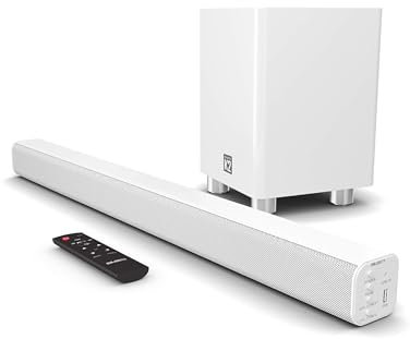 MAJORITY Home Cinema Soundbar for TV with Subwoofer I 3D Theater Surround Sound System with 150W and 2.1 Channel Speakers I Bluetooth, AUX, Optical, and USB with Auto Power Off Function I K2 White
