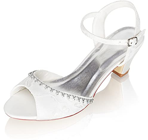 JIAJIA 8964 Zapatos de Novia para Mujer Peep Toe Bloque de 5 cm Tacón bajo Encaje Satén Bombas Sandalias Zapatos de Boda