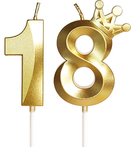 Geburtstagskerze 18 Zahlenkerze 18 mit Krone, 5cm Gold Geburtstagskerzen, Kerzen Geburtstag, Tortendeko Geburtstag, Tortendekoration für Kinder, Erwachsene, 18. Geburtstagsfeier, Jubiläum, Nummer 18