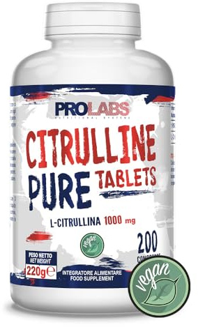 PROLABS – Citrullina PURE TABLETS, 200 Compresse 100% Pura Vegan, Integratore Alimentare L-Citrullina 1000mg in Capsule per Supporto alla Naturale Produzione di Ossido Nitrico - Aminoacidi Pre Workout
