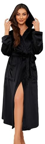 EK4YDNDS Womens Long Hooded Fleece Robe, Soft Warm Spa Bathrobe for Cozy Lightweight Loungewear(Black, S/M)
