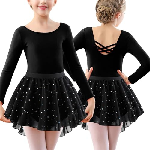 FEOYA Toddler Girls Ballet Leotard Sequin Gymnastics Dance Dress Cross Straps Outfit with Skirt Ballerina Costume Long Sleeve Dancewear for 5-6 Years Black