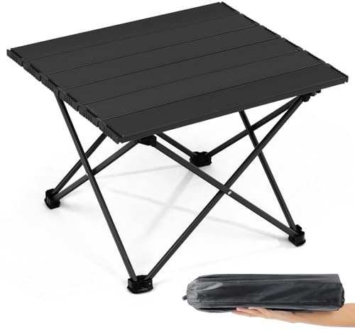 Outplea Mesa Plegable Camping Pequeña Aluminio, Playa Baja Portatil con Bolsa, Ligera para Exterior Senderismo Picnic Viaje, Negro
